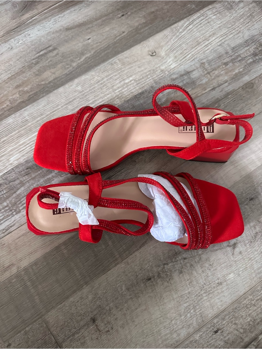 IDIFU Red Strappy Block Heel Sandals with Ankle Tie